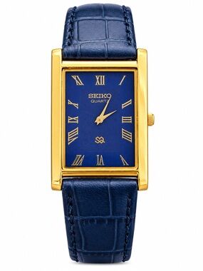 Vintage Seiko Tank watch Refurbished Blue Dial Gold Case Blue Strap